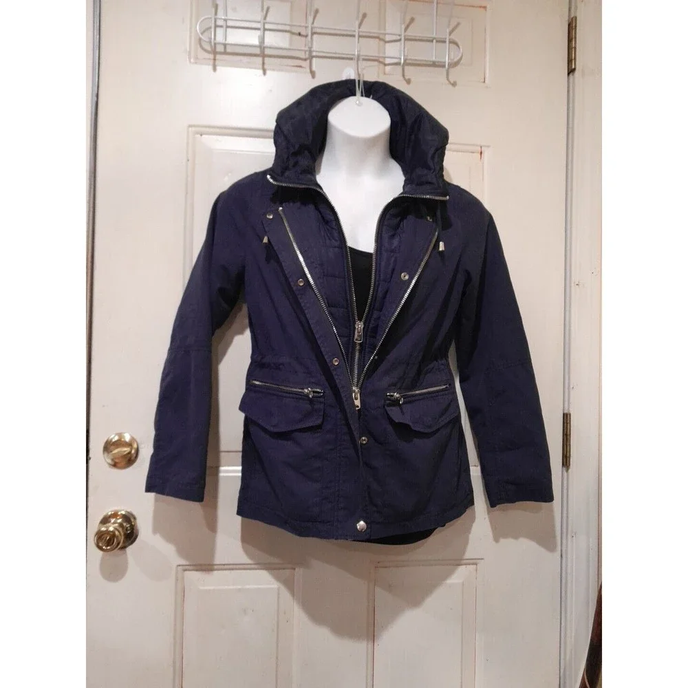 TOPSHOP Women's Navy Blue Hooded Puffer Winter Zip Up Jacket Sz 6